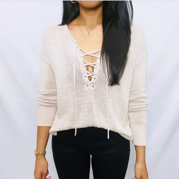 Loft | Beige Knit Long Sleeve Sweater V-Neck Lace Up Top - Picture 6 of 10